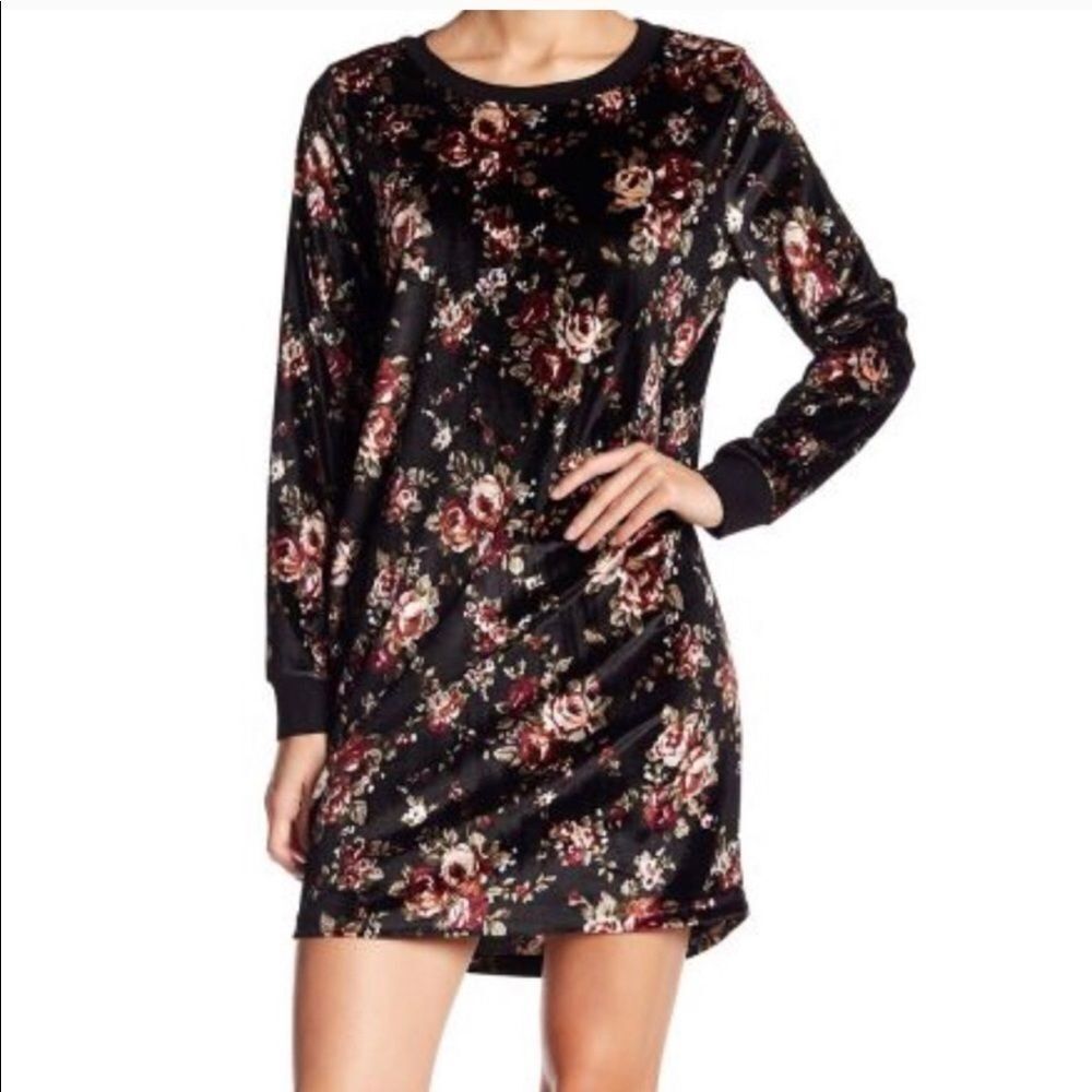 Bobeau floral velvet long sleeve mini shift dress medium